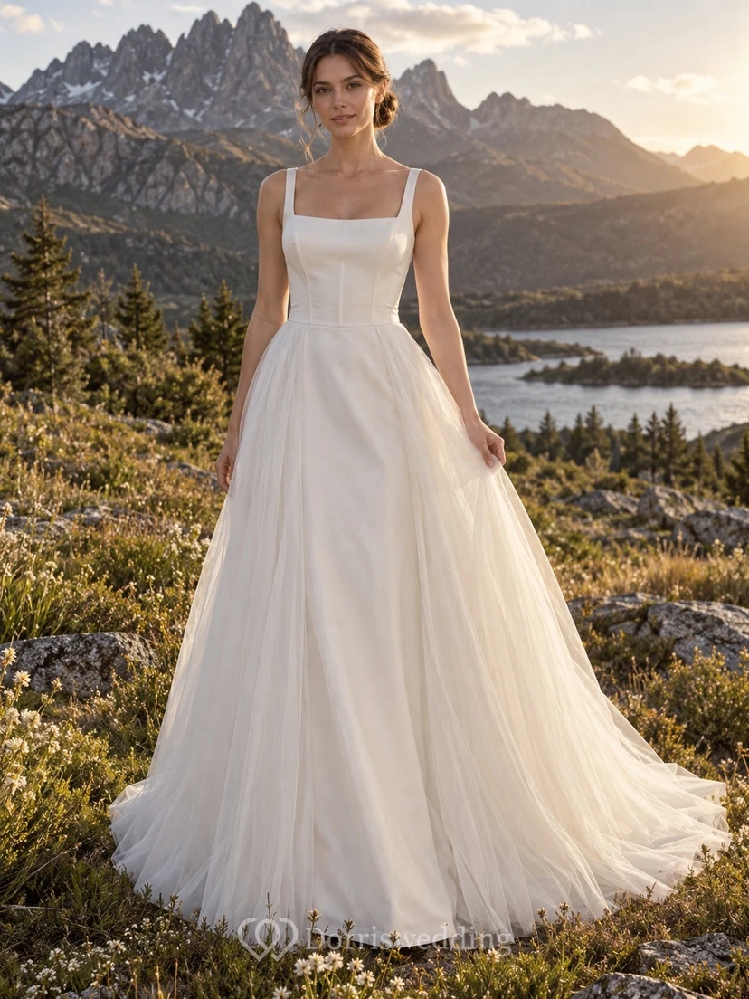 Einfaches Brautkleid in A-Linie mit eckigem Ausschnitt, breiten Tüllträgern
