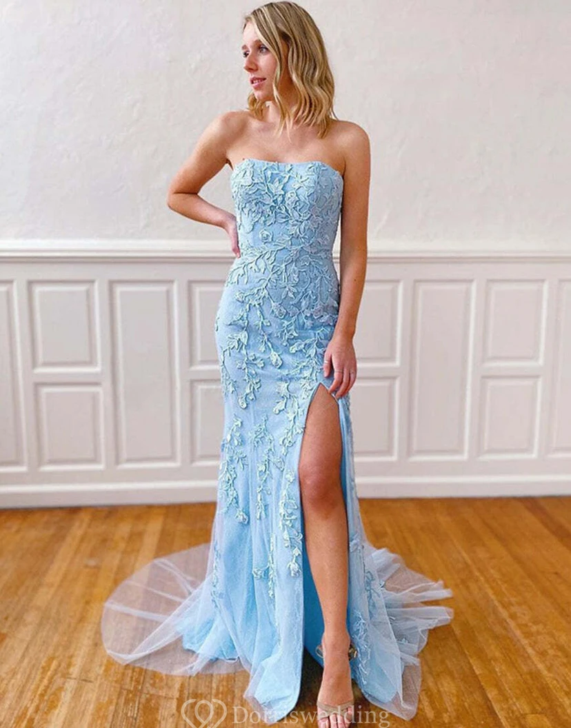 Strapless Front Split Lace Applique Elegant Tulle Dress