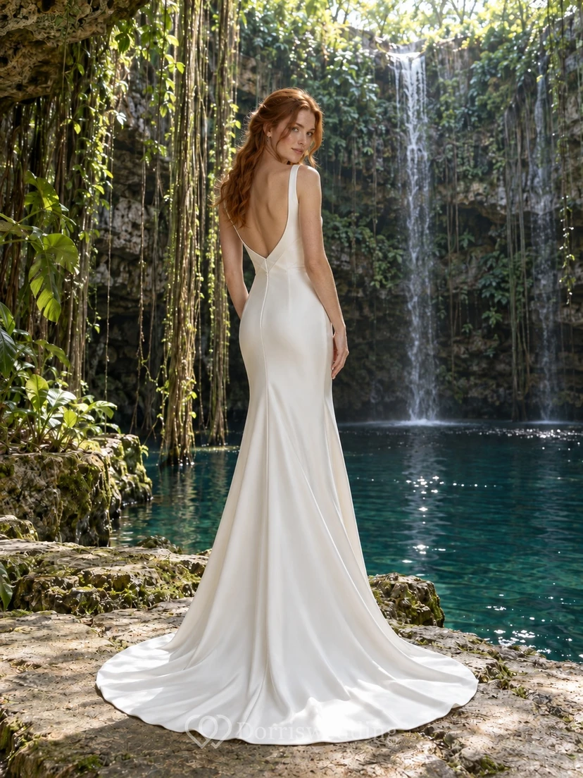 Schlichtes Meerjungfrauen-Brautkleid aus Satin mit eckigem Ausschnitt, breiten Trägern und Schleppe view 2