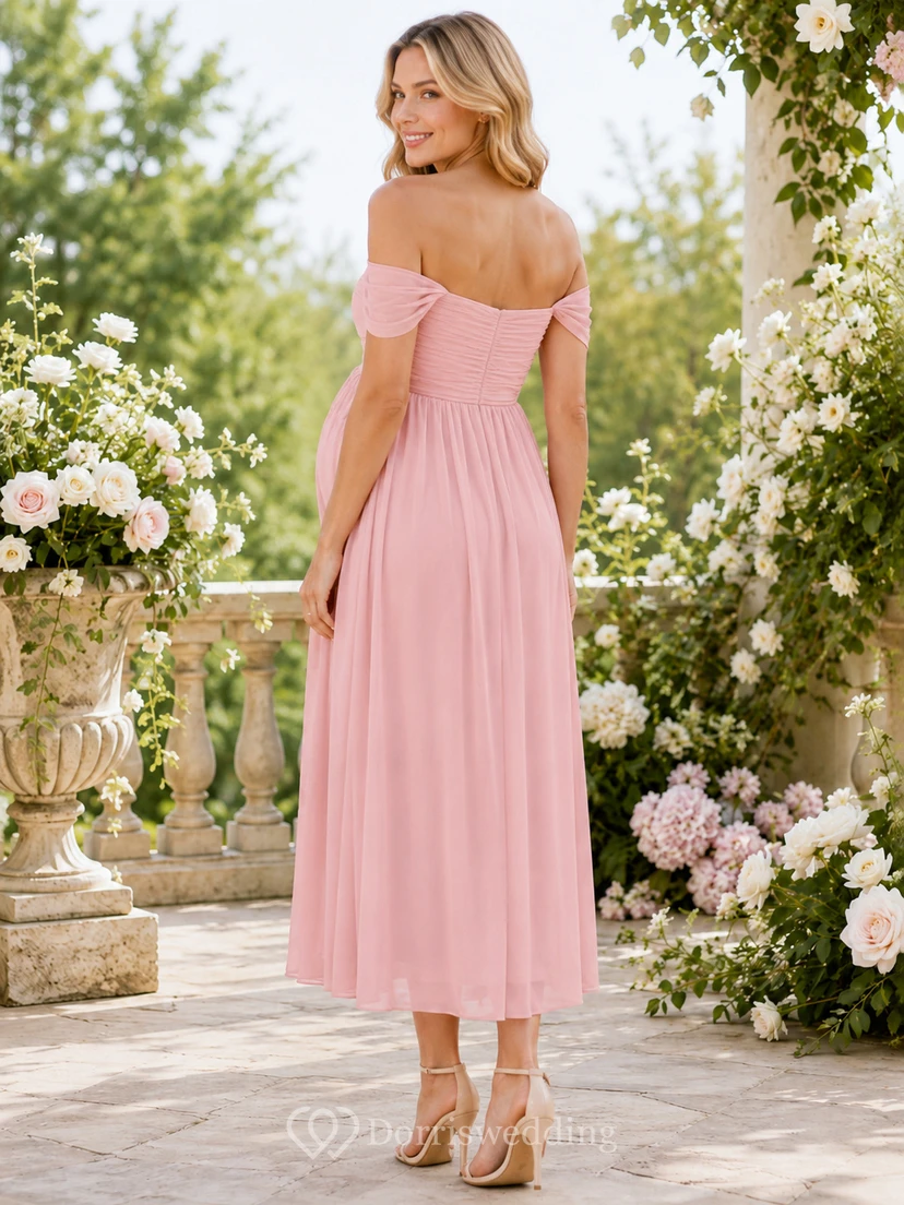 Blush Expectation Dusty Rose Empire Tea-Length Off-Shoulder Short-Sleeve Chiffon Romantic Maternity Dress view 2