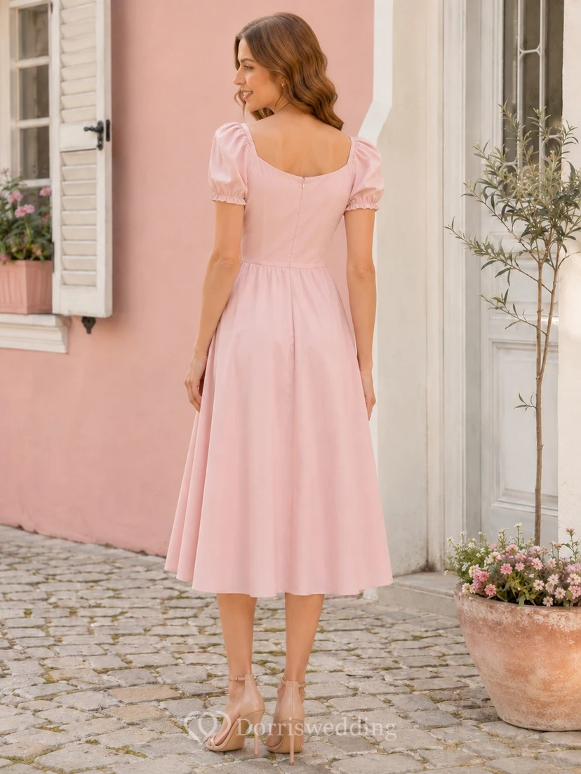 Blush Satin Square Neck Short Sleeve A-line Tea-length Midi Dress view 2