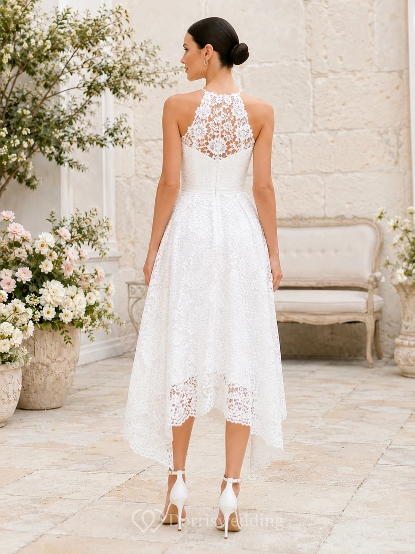 Simple Halter Sleeveless Tea-length A-line Lace Garden Dress view 2
