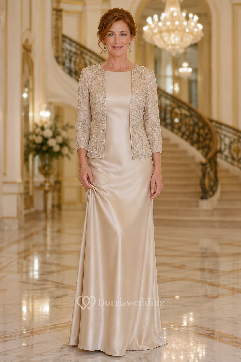 Mother of the Bride Champagne Satin Sheath Three-Quarter Sleeve Scoop Neck Floor-Length Dress with Jacket