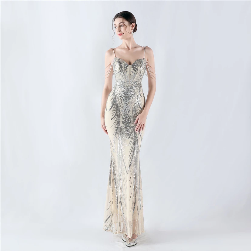 Waist-Reduced Fishbone Shaping Positioning Flower Sequined Anchor Sexy Beaded Suspender Evening Dress view 2