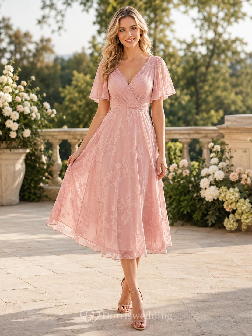 Blush V Neck Lace Flutter Sleeve Guest Dress