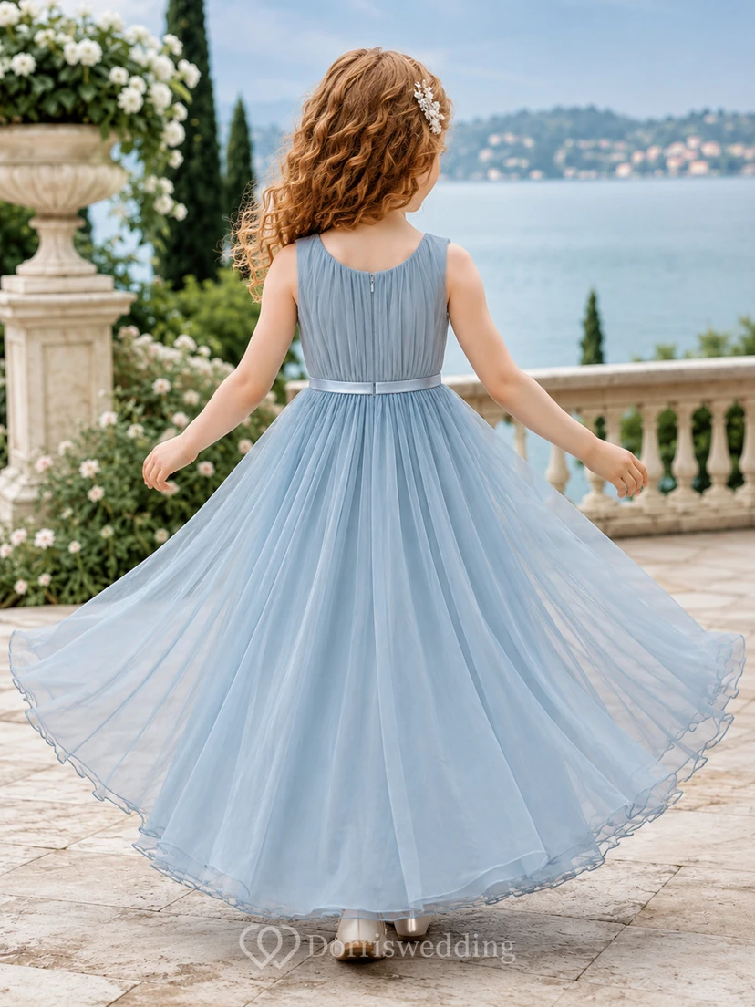 Blumenmädchenkleid, himmelblau, Chiffon, A-Linie, V-Ausschnitt, Teelänge, plissiert view 2