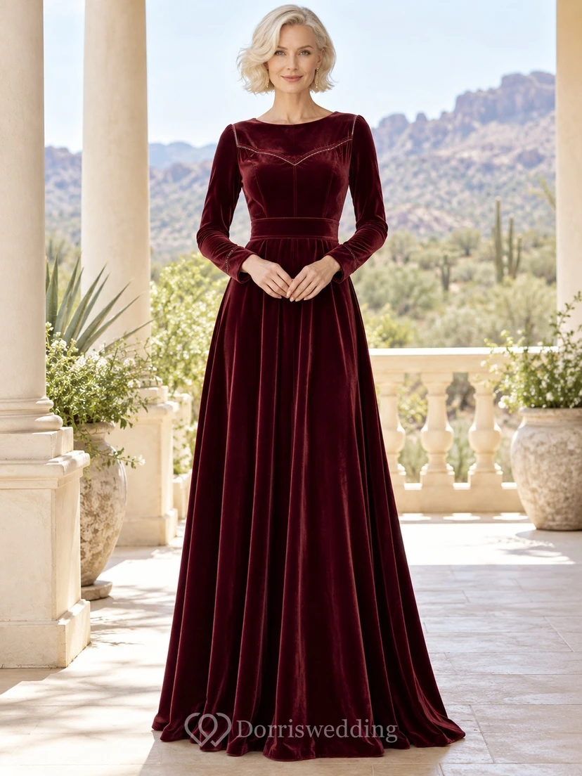 Robe de soirée western bordeaux à manches longues en velours trapèze