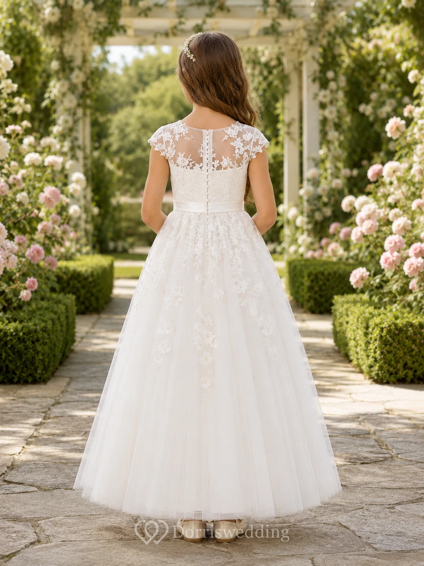 Lace Bodice Tulle A-Line Flower Girl Dress with Short Sleeves, Jewel Neck and Tea-Length Skirt view 2