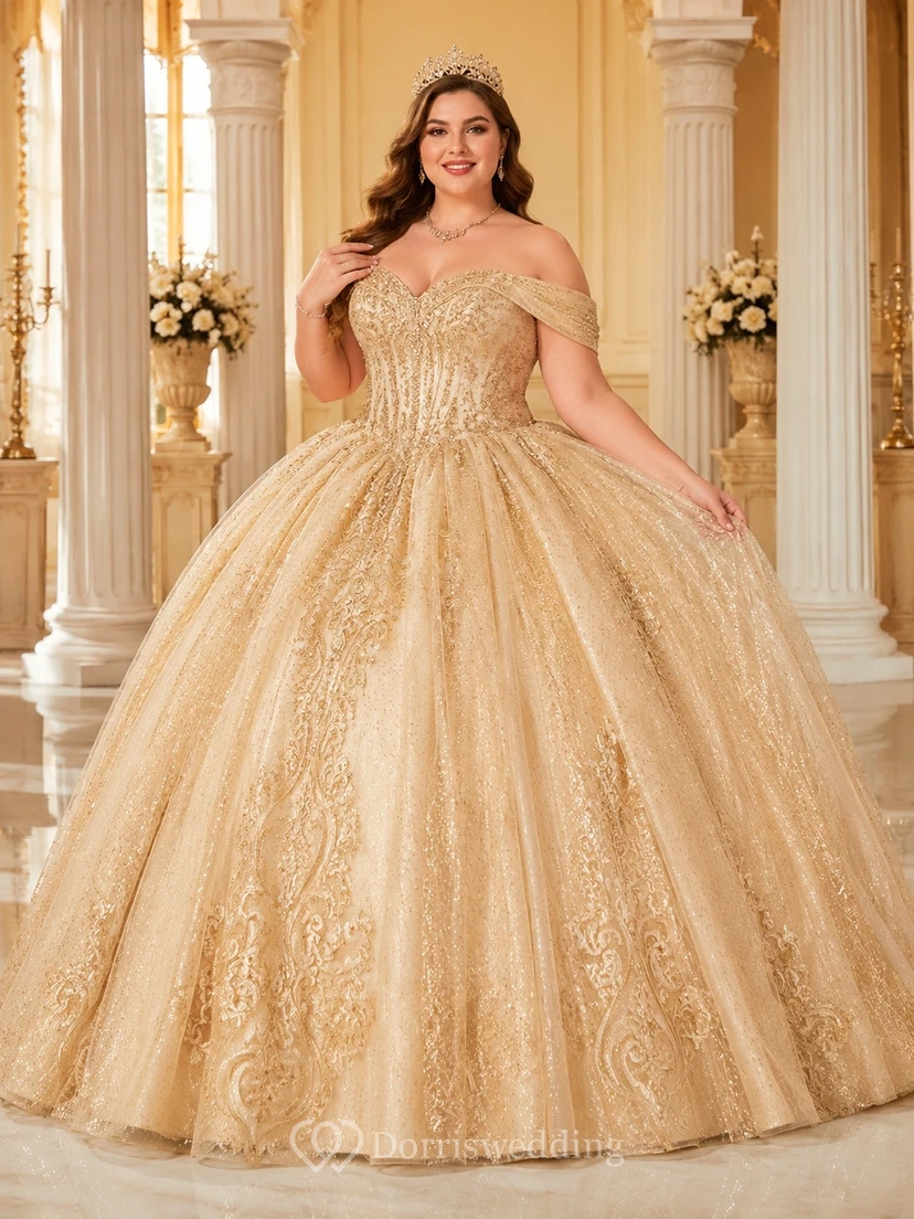 Vestido de quinceañera de talla grande color dorado con hombros descubiertos y detalles de cuentas