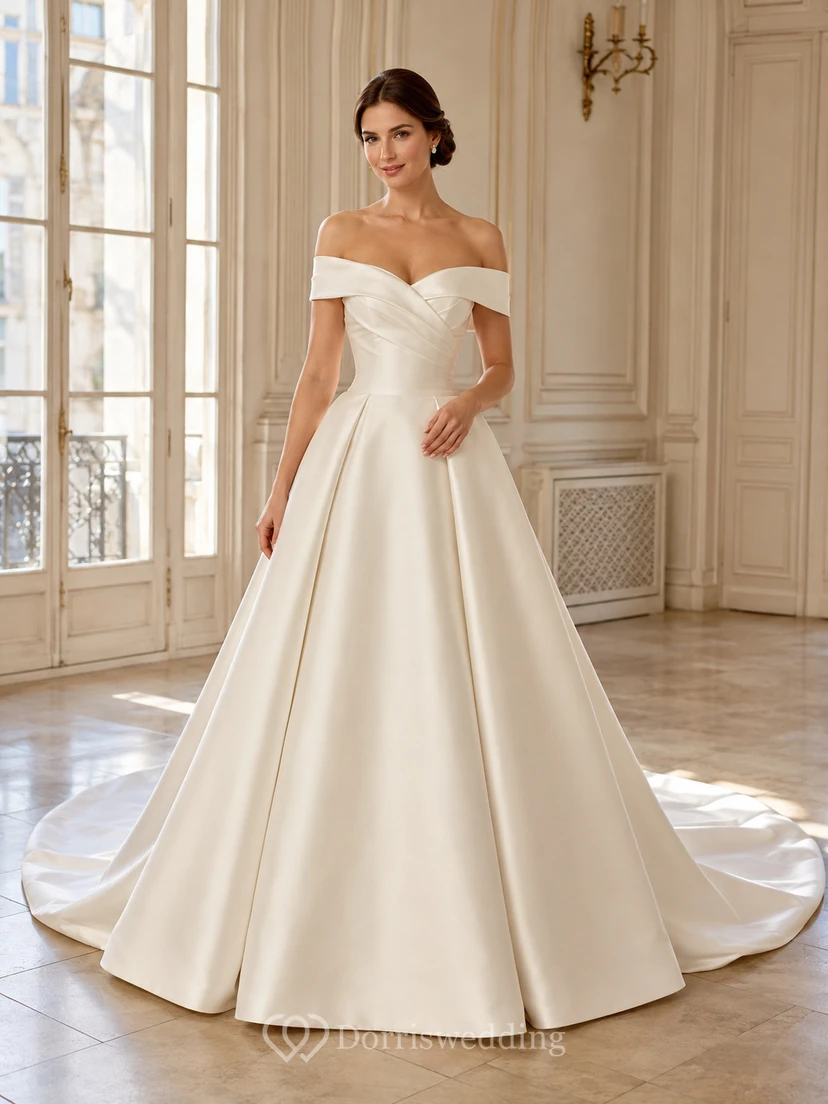 Robe de mariée classique en satin plissé à épaules dénudées et coupe trapèze avec traîne courte