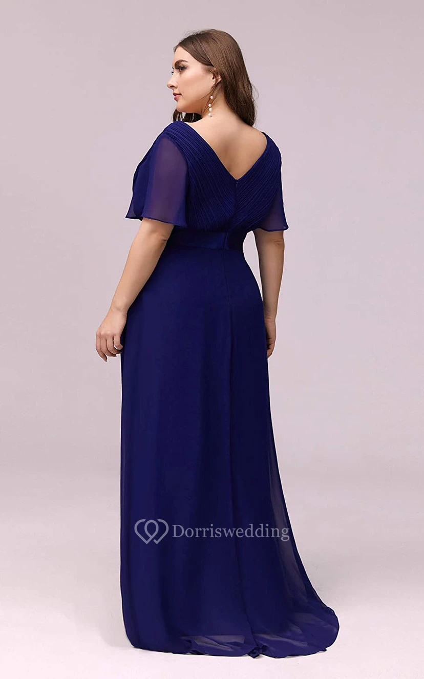 Romantic Chiffon V-neck Half Sleeve A Line Formal Dress With Criss Cross and Ruching view 2
