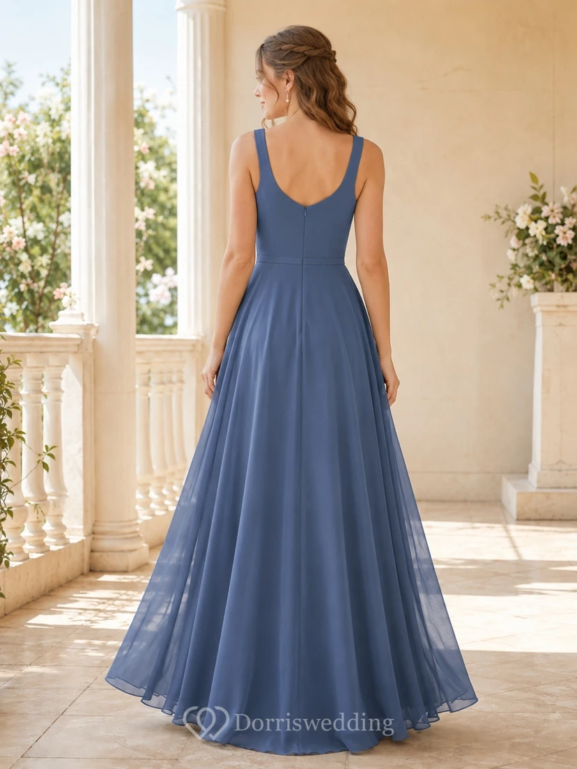 Vestido de dama de honor juvenil azul acero, corte en A, escote drapeado, sin mangas view 2