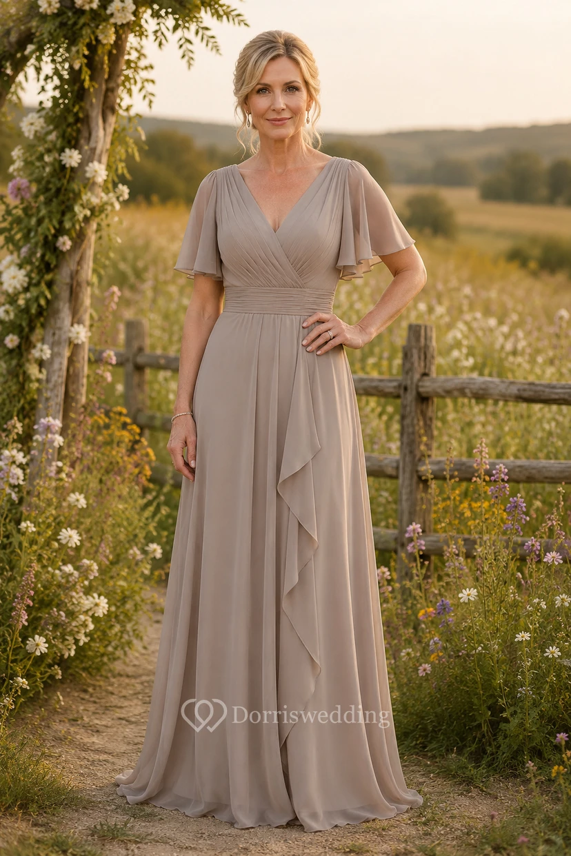 MOB-Kleid aus taupefarbenem Chiffon, A-Linie, kurze Ärmel, V-Ausschnitt, bodenlang, mit Rüschenbesatz