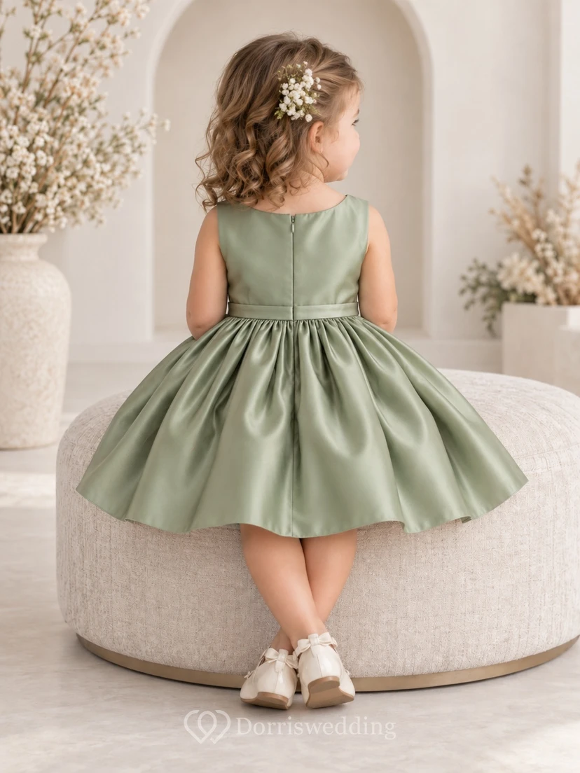Knee-length Simple Sage Summer A-line Satin Sleeveless Gathered Flower Girl Dress view 2