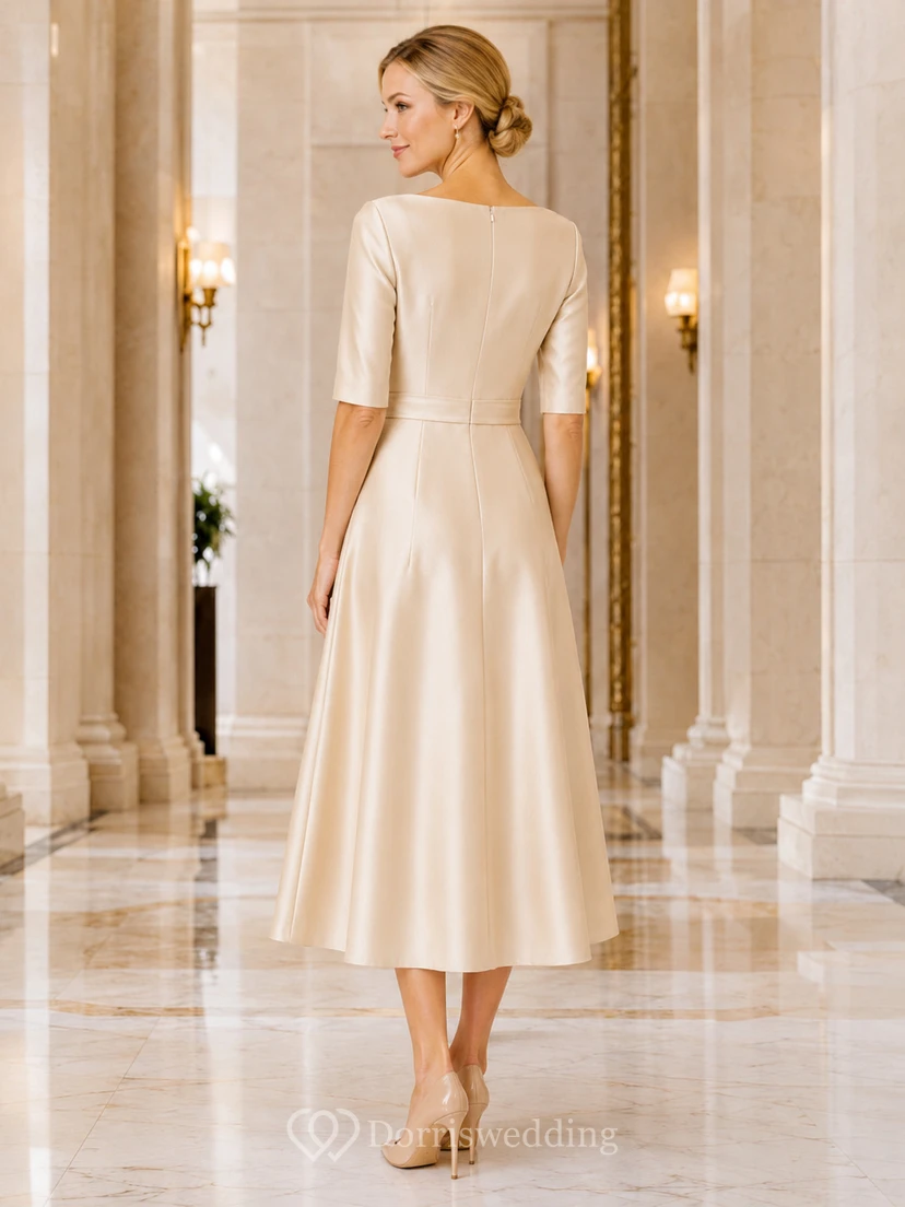 Champagne satin bateau half sleeve belted A-line midi dress view 2