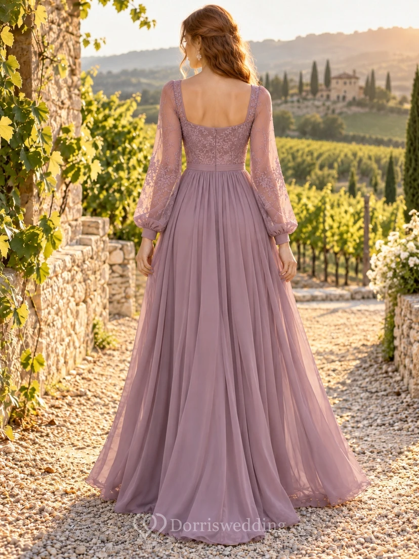 Boho Mauve Long Sleeve Square Neck Lace Chiffon Bridesmaid Dress view 2