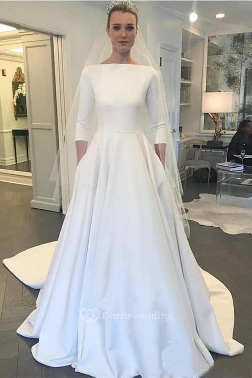 Brautkleider aus Satin in großen Größen mit U-Boot-Ausschnitt | Schlichtes, elegantes Brautkleid mit Taschen view 4