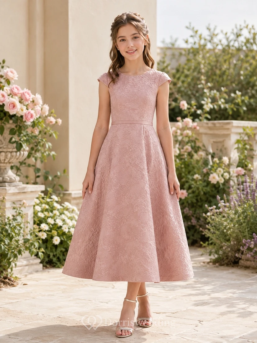Vestido de dama de honor juvenil rosa rubor, corte en A, sin mangas, jacquard vintage