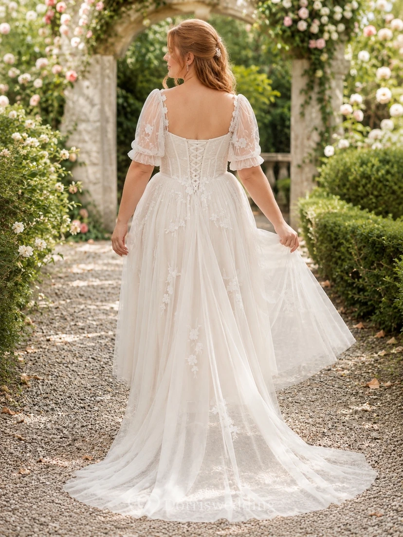 Vestido de novia de talla grande para fugas íntimas, manga corta, encaje, corte A, asimétrico view 2