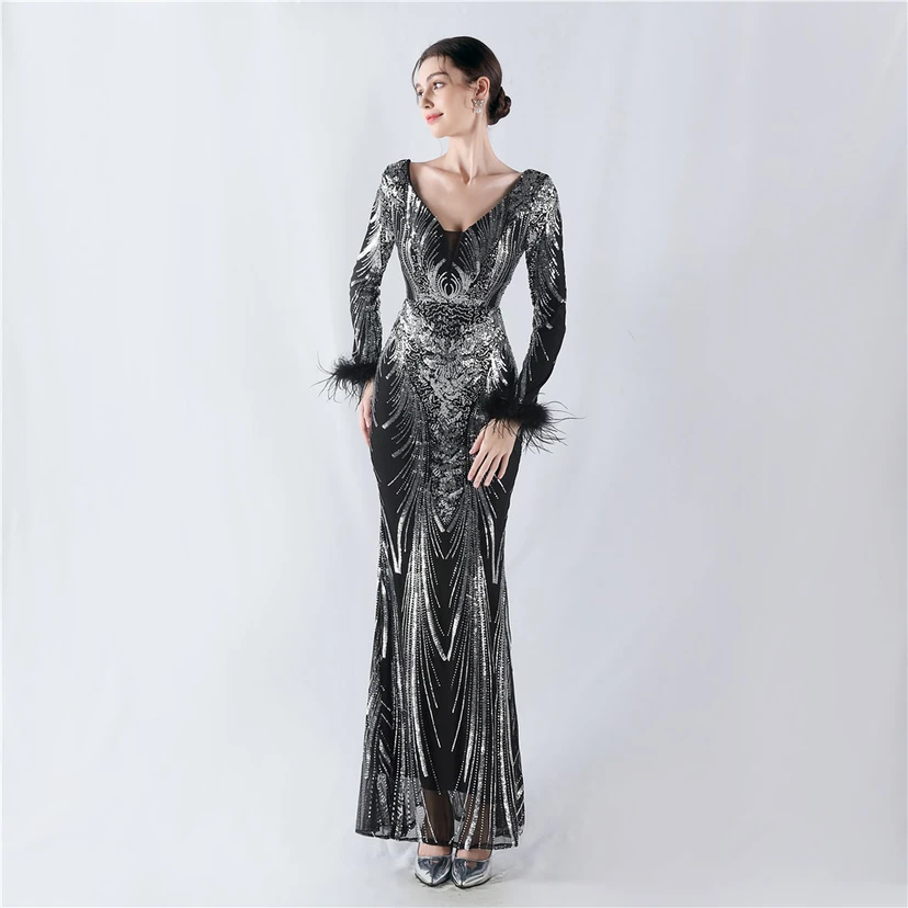 Robe de soirée haut de gamme ornée de perles florales fixes et de poils d'autruche, hôte de la réunion annuelle d'hiver view 20
