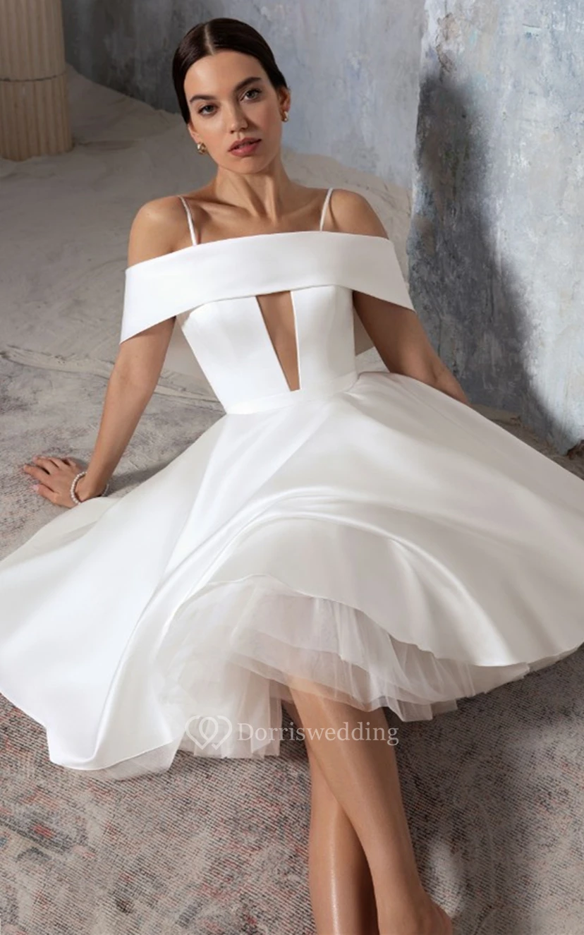 Modernes A-Linien-Brautkleid aus Satin mit schulterfreiem Ausschnitt und Raffungen view 3