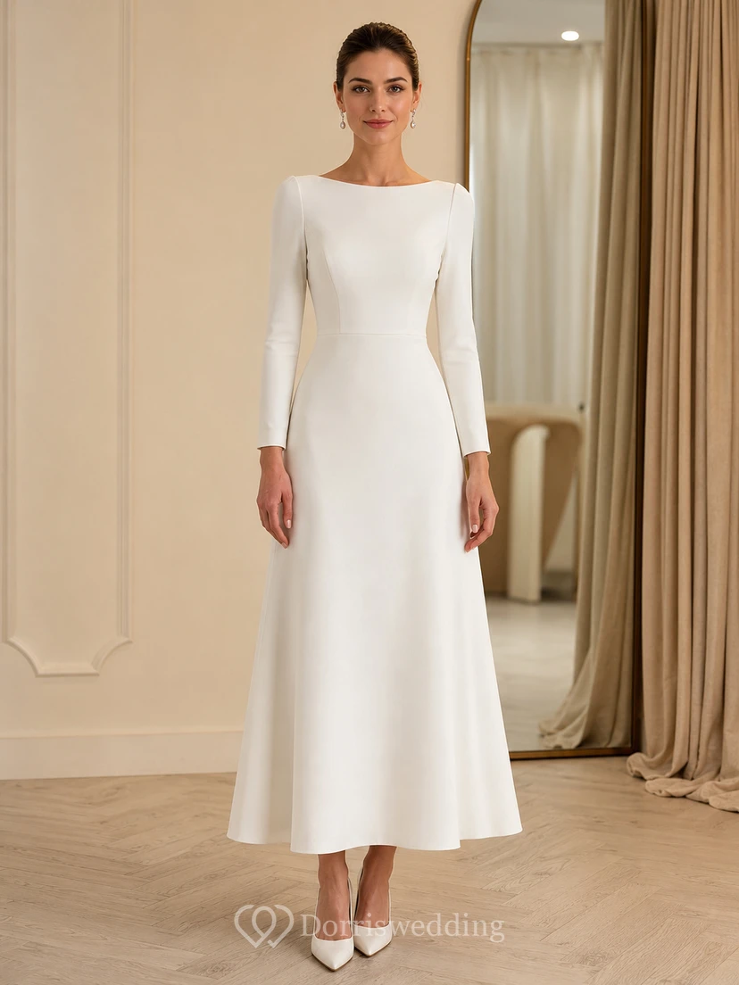 Simple Civil Satin A Line Bateau Long Sleeve Tea Length Wedding Dress