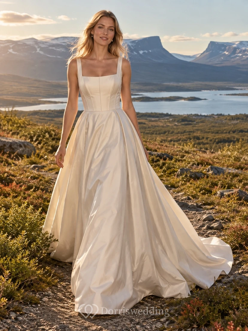 Champagnerfarbenes Taft-Brautkleid in A-Linie mit eckigem Ausschnitt, abgesetztem Oberteil und breiten Trägern