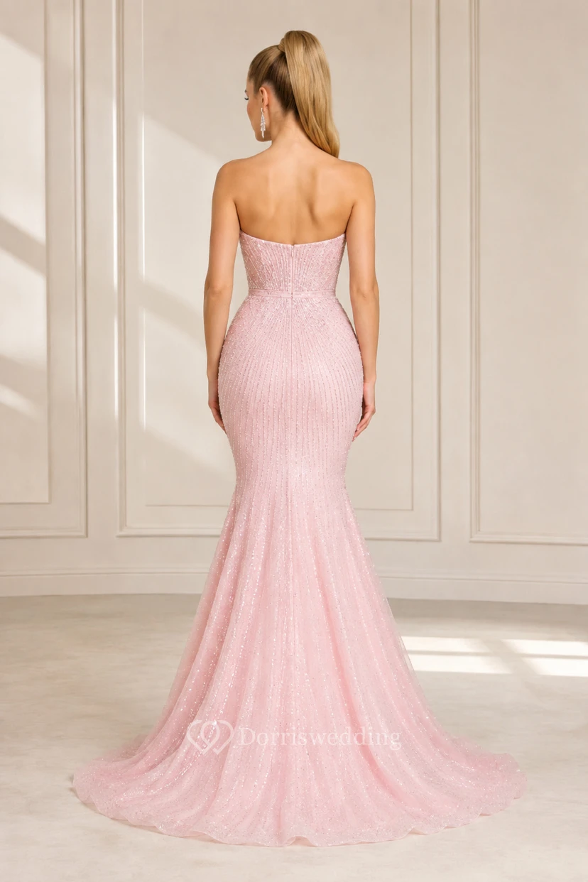 Blushing Pink Strapless Sequin Mermaid Formal Dress with Sweep Train view 2