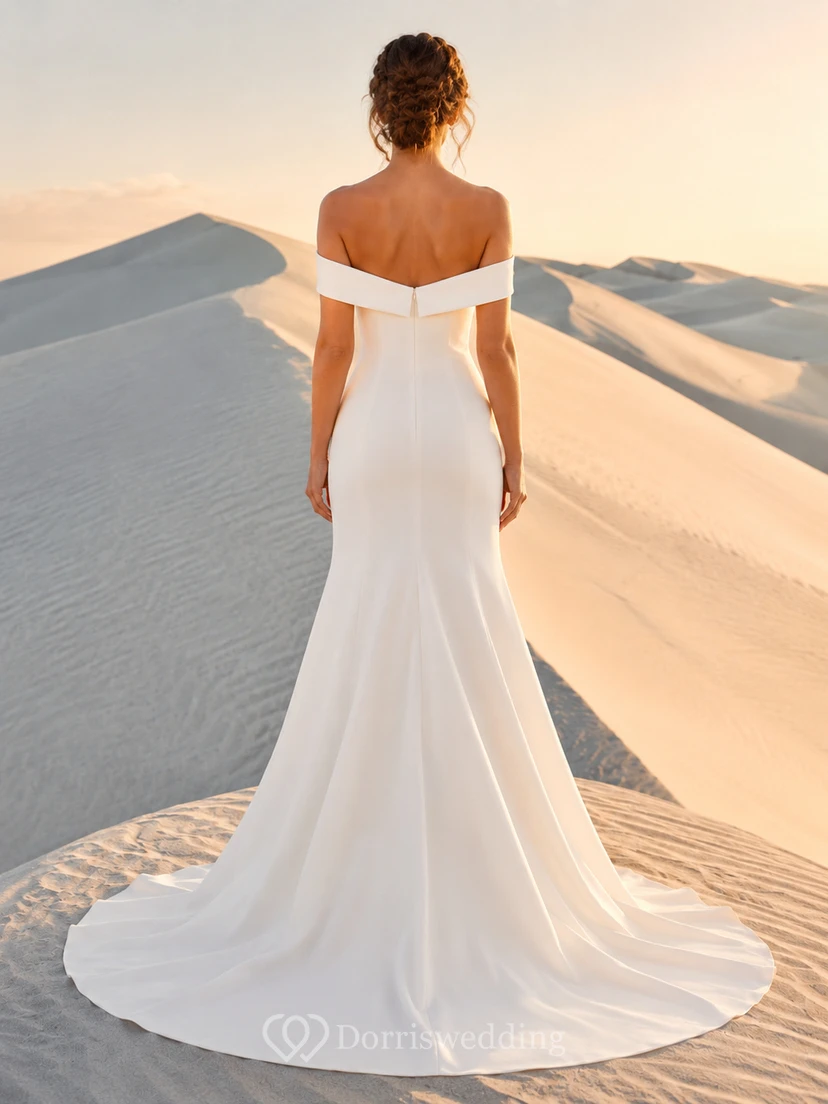 Robe de mariée sirène minimaliste en crêpe Dunes, épaules dénudées, style Dunes view 2