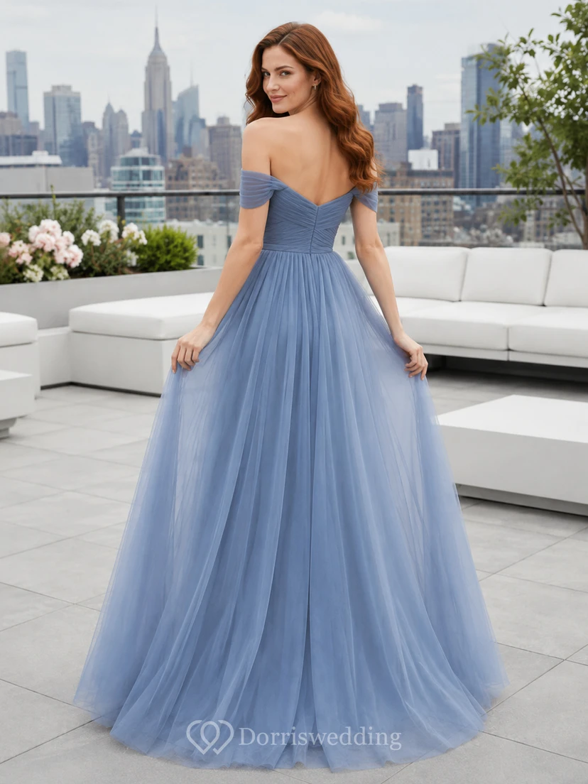 Rooftop Evening Formal Steel Blue Romantic Elegant Princess Ball Gown Tulle Bridesmaid Dress with Sweetheart Strapless Sleeveless Floor-Length Zipper Back view 2