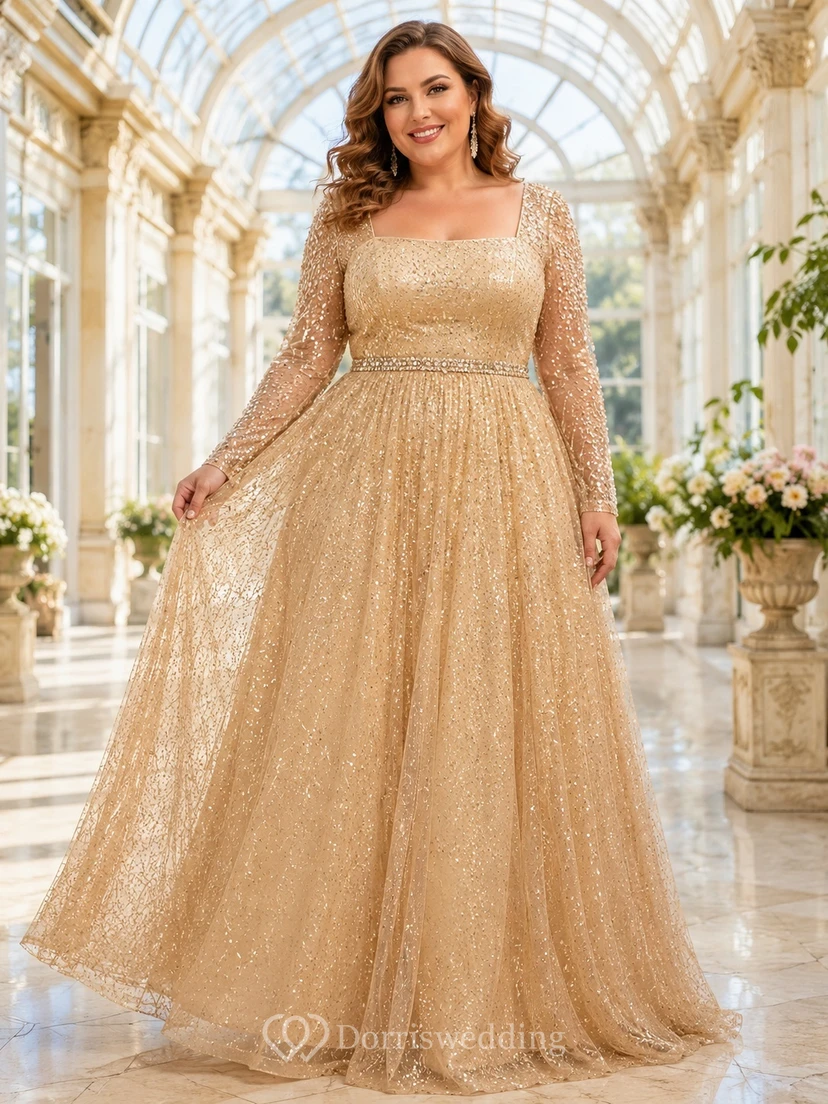 Gold Square Neck Long Illusion Sleeve Sequins Ball Gown Floor-Length Plus-Size Evening Dress