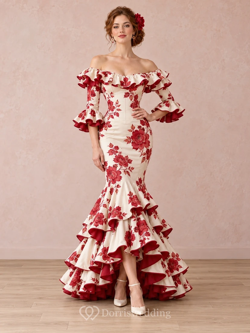 Robe de danse Flamenco crème et rouge à fleurs, épaules dénudées et volants