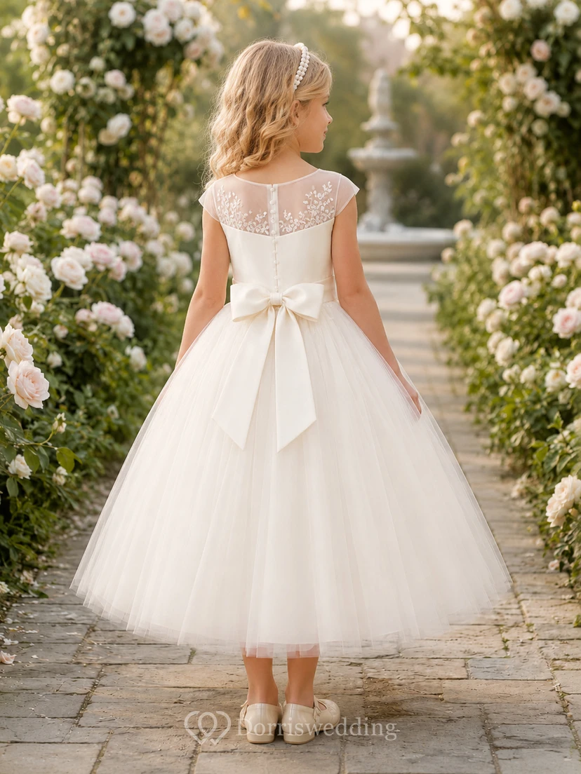 Blumenmädchenkleid aus champagnerfarbenem Tüll, A-Linie, Rundhalsausschnitt, Teelänge, Schleife am Rücken view 2
