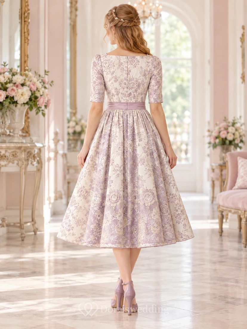 Vintage Lavender Sweetheart Elbow Sleeve Floral Jacquard Dirndl Dress view 2