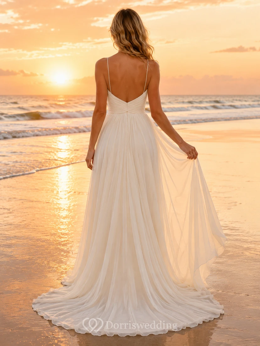 Beach Chiffon Tulle Wedding Dress A-Line Off Shoulder Sweep Train with Slit Bridal Gown view 2