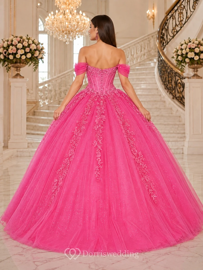 Fuchsia Off-the-Shoulder Beaded Tulle Quinceanera Ball Gown view 2