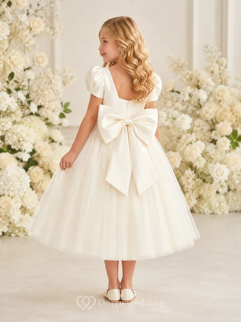 Puff Sleeve Tulle A-Line Flower Girl Tea-Length Garden Bow Dress view 2