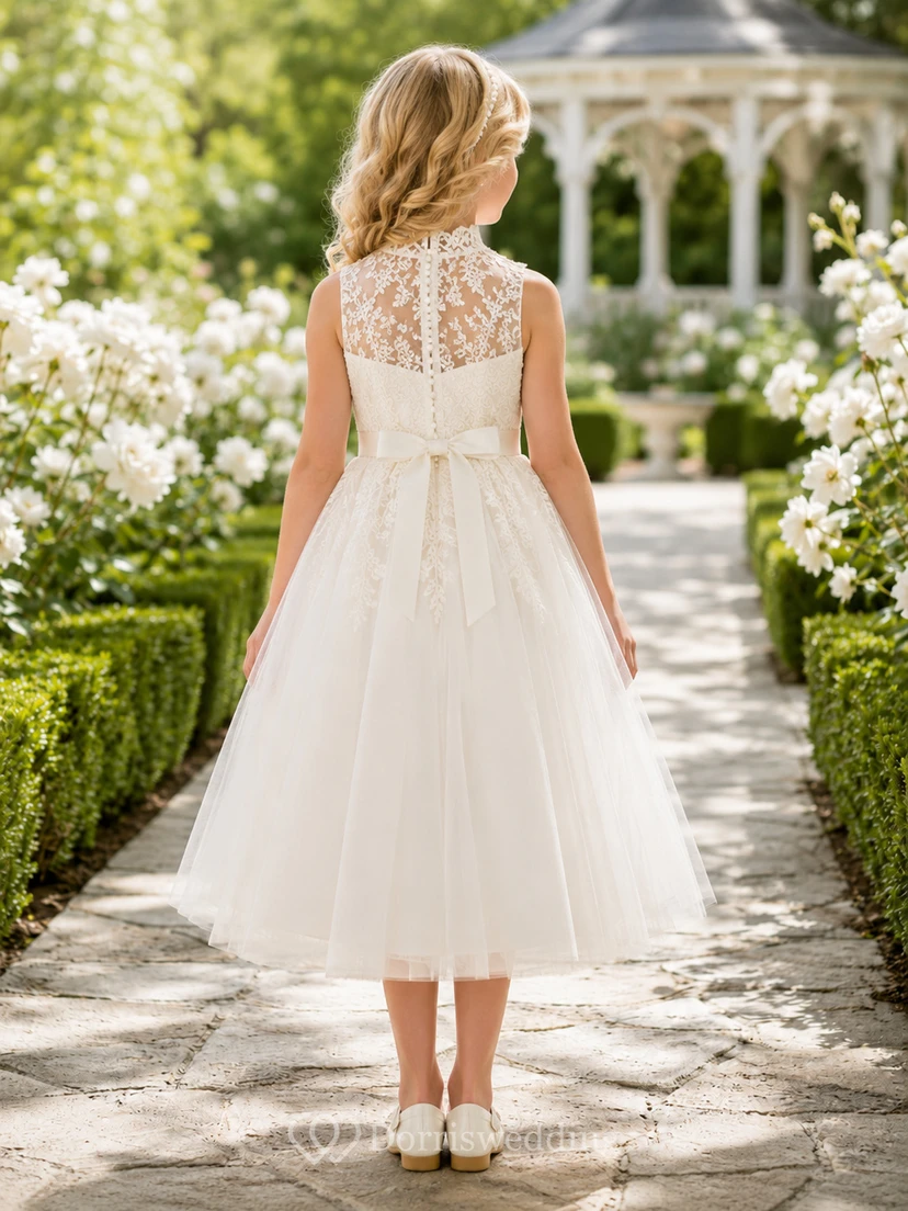 Elegante vestido de niña de flores de corte princesa, largo hasta la rodilla, con tul, encaje, cuello alto y apliques florales. view 2