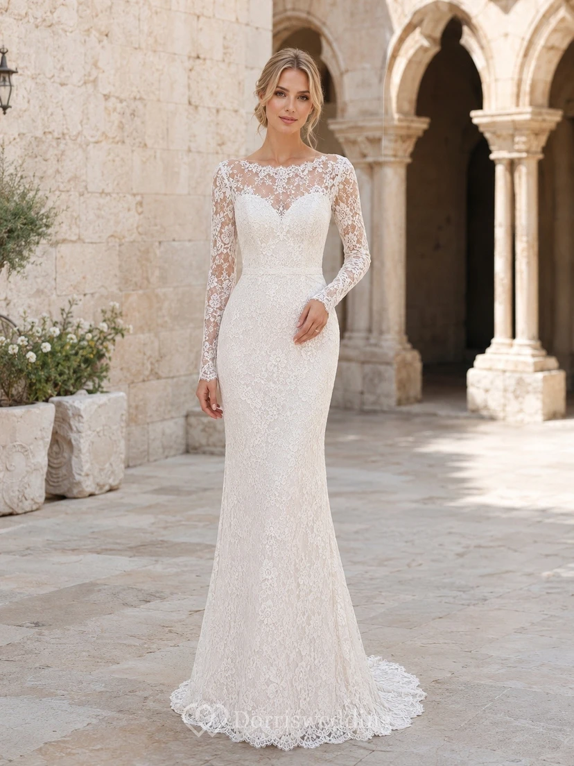 Vestido de novia de encaje estilo sirena, estilo barco, de manga larga, para fugas románticas.