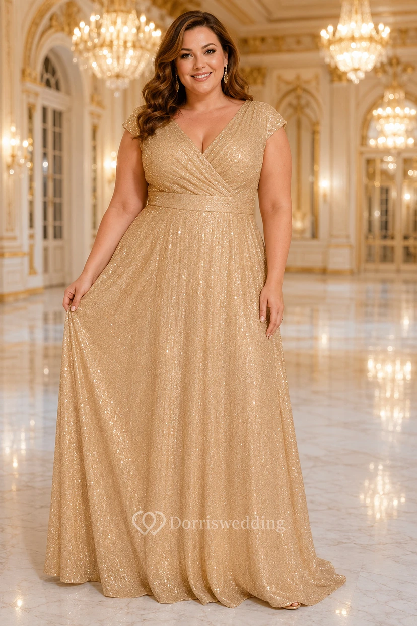 Robe de soirée grande taille à sequins dorés, coupe trapèze, col en V et manches courtes