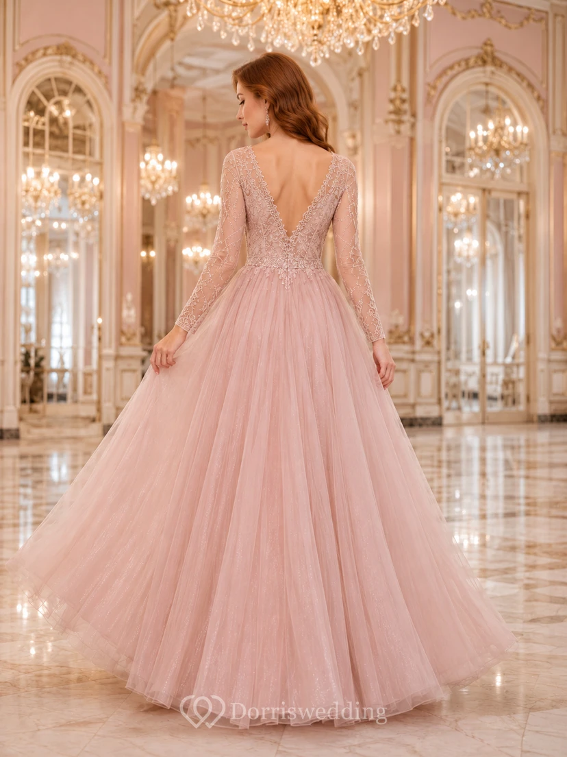 Blush Long Sleeve Lace Bodice Tulle Ball Gown Dress view 2