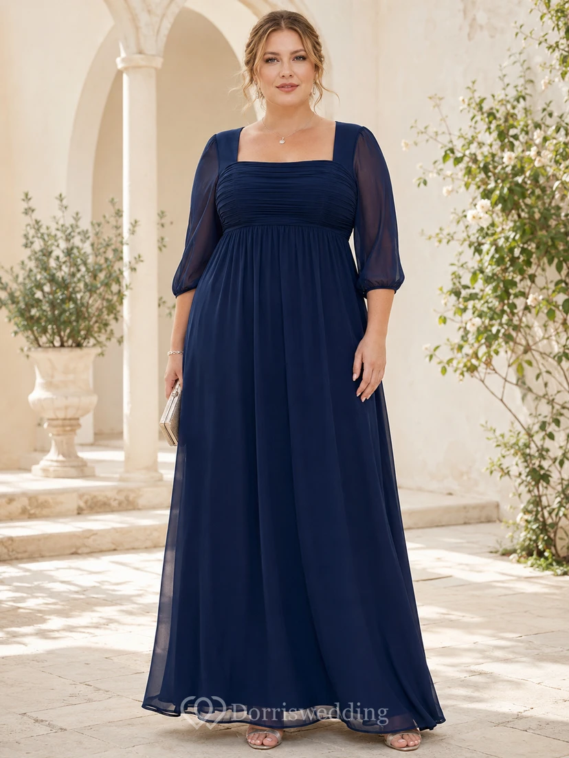 Dark Navy Square Neck Poet Sleeve Chiffon Empire Floor Plus Size Guest Dress