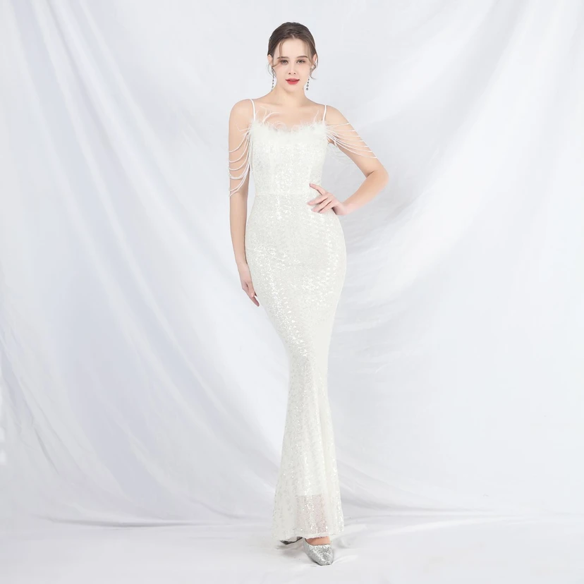 Craft Beaded Ostrich Feather Fantasy Sequined Long Evening Dress view 55