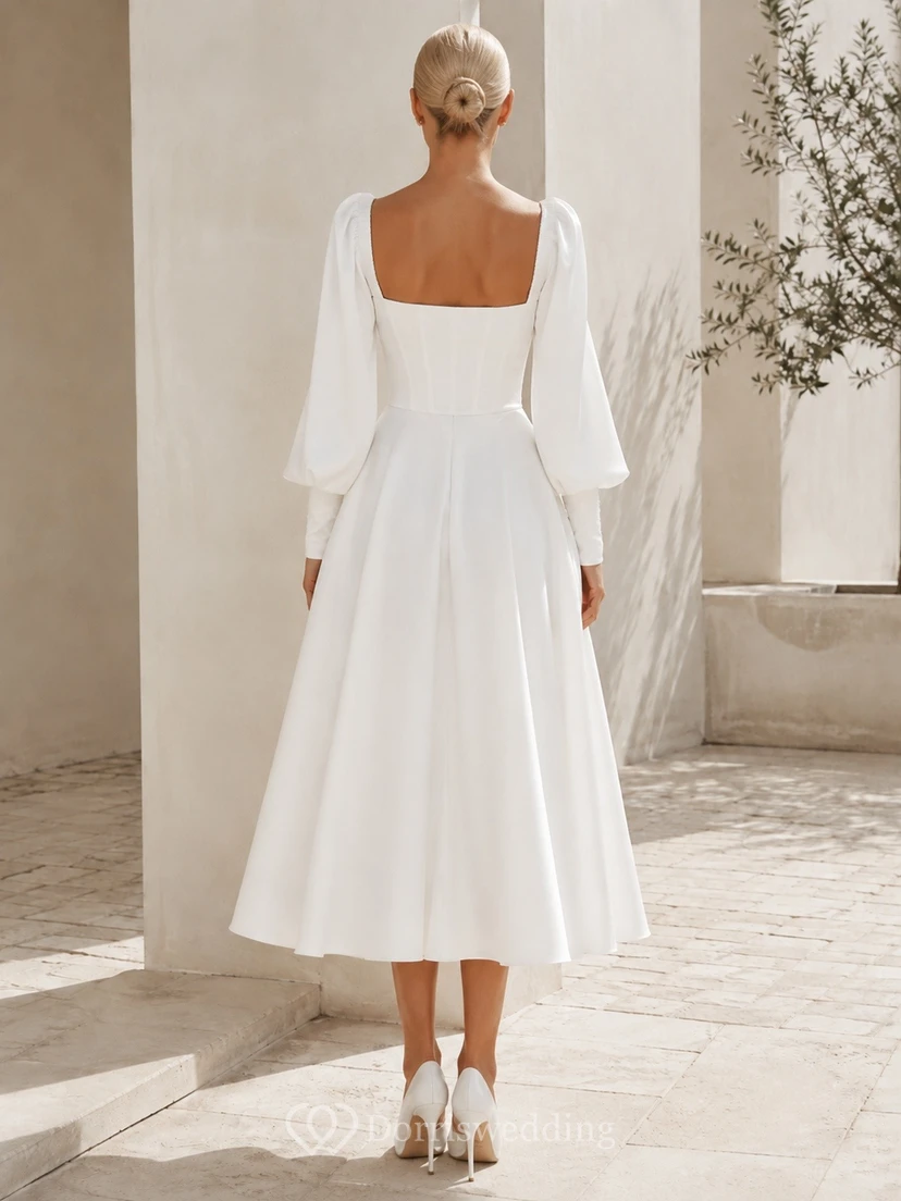 Square Neck Three-Quarter Sleeve Satin A-Line Tea-Length Wedding Dress view 2