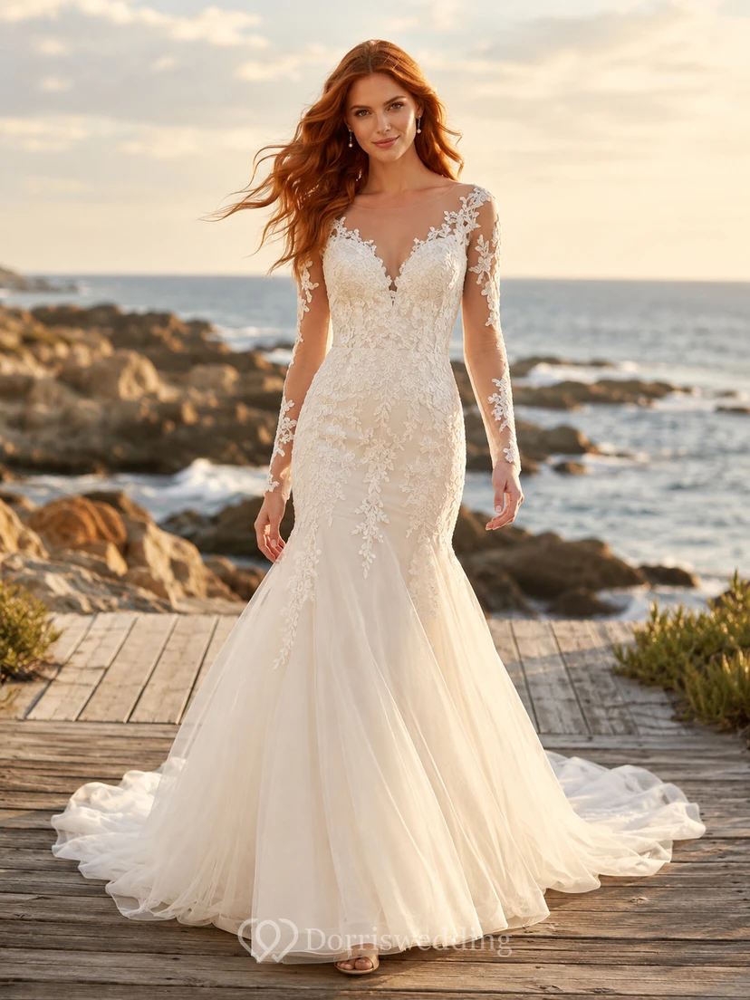 Robe de mariée sirène en dentelle et tulle, col en V, manches longues et traîne.