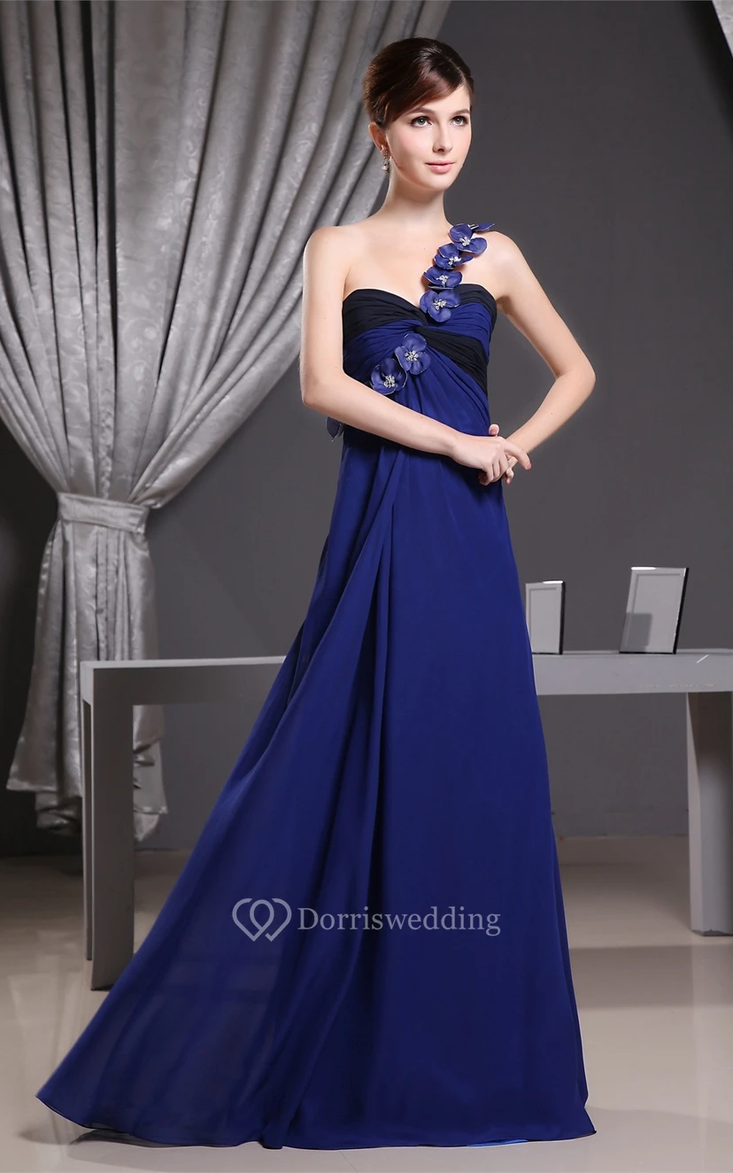 One-Shoulder Chiffon Maxi Ruched Dress With Flower view 3