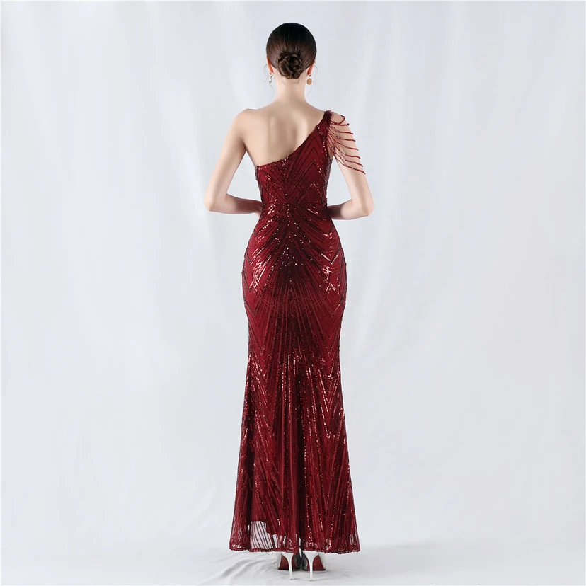 Positioning Flower Beaded Craft Beaded One-Shoulder Oblique Collar High Slit Evening Dress view 22