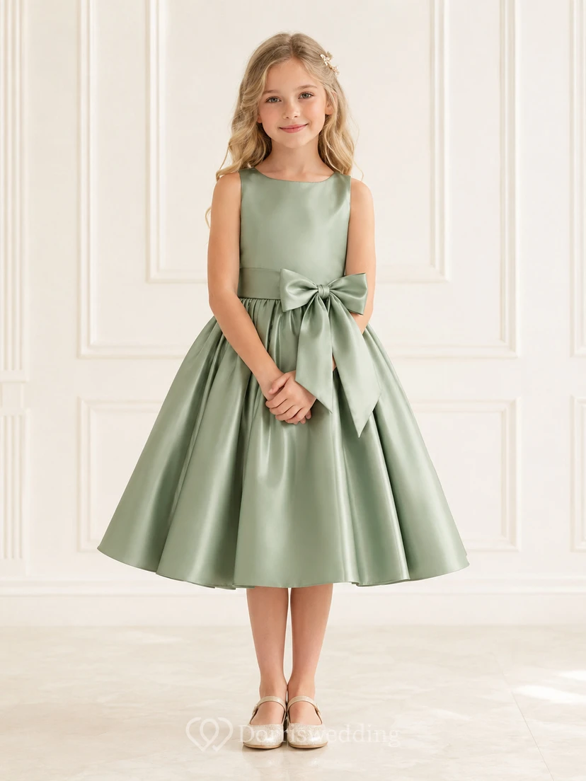 Einfaches, teelanges A-Linien-Kleid im Gartenblumenmädchen-Stil aus salbeifarbenem Satin mit Schleife am Rücken und Schmuckkragen