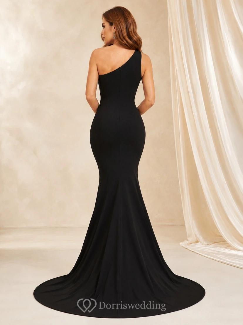 Black Satin One-shoulder Slit Mermaid Floor-length Evening Formal Dress view 2