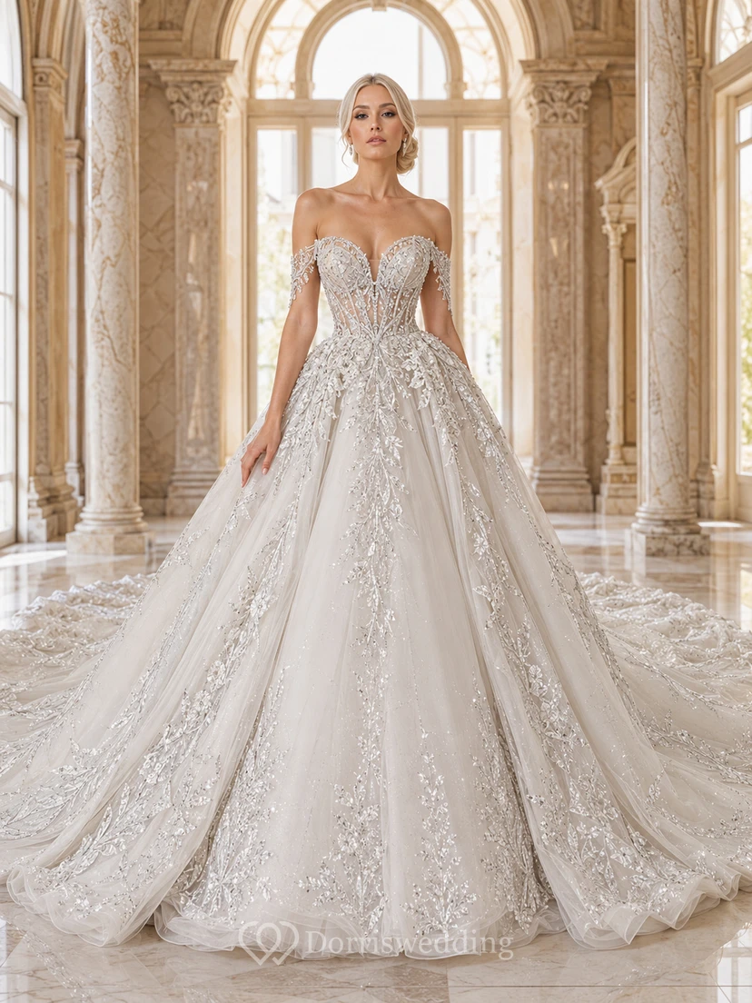 Robe de mariée bal en dentelle à épaules dénudées et décolleté cœur, traîne cathédrale